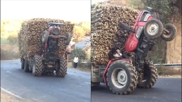Man drives overloaded tractor