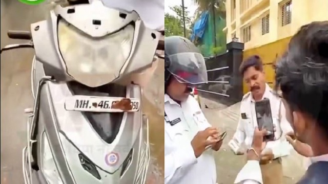 cops riding scooty with broken number plate